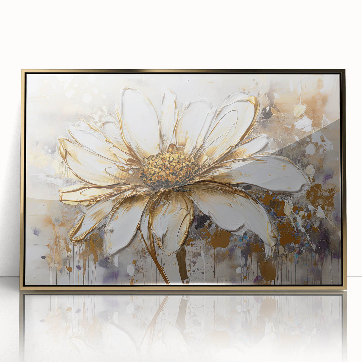 Framed abstract floral wall art in gold tones, showcasing elegant patterns with a modern design suitable for home decor.