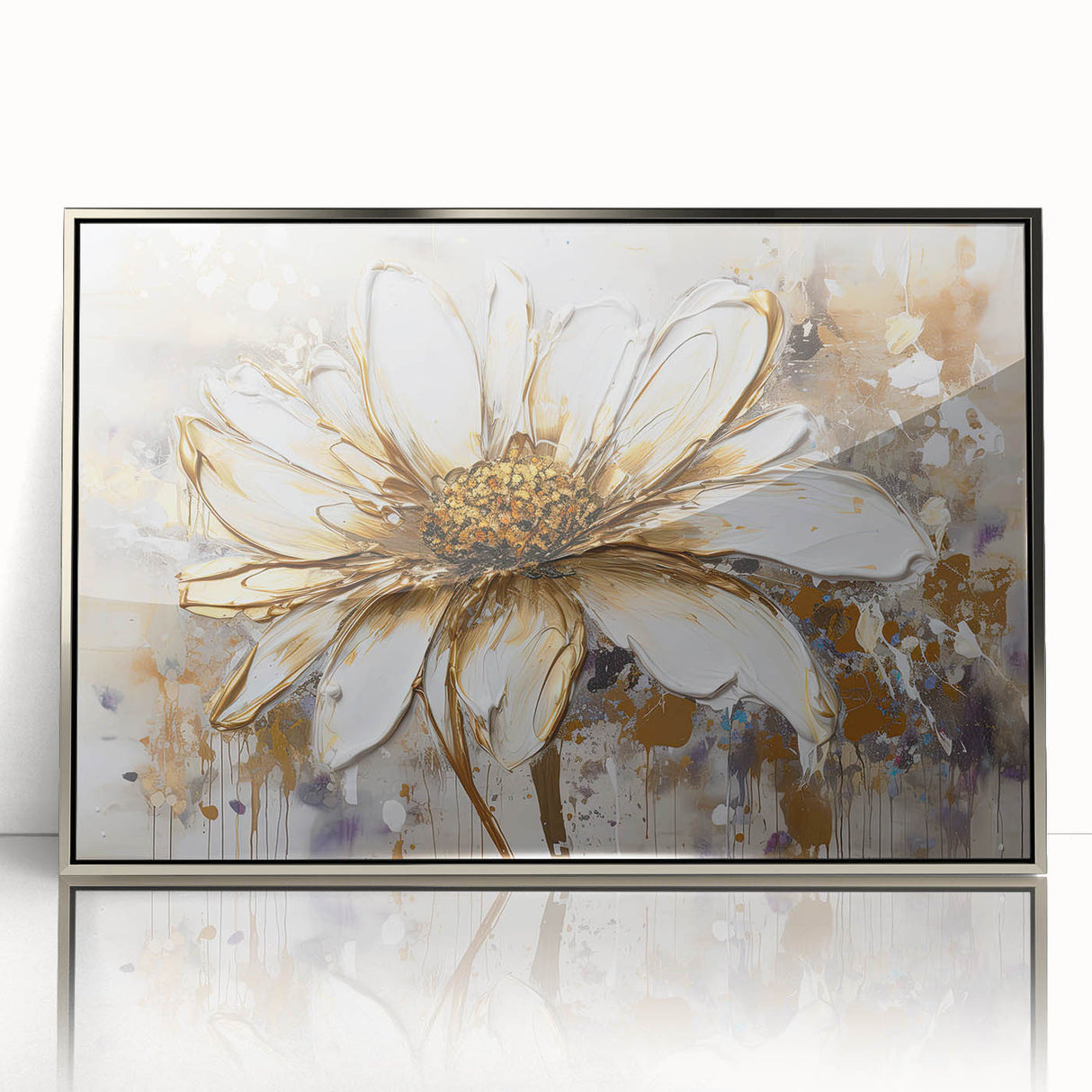 Framed abstract floral wall art in silver acrylic, showcasing vibrant colors and intricate patterns, perfect for modern decor.