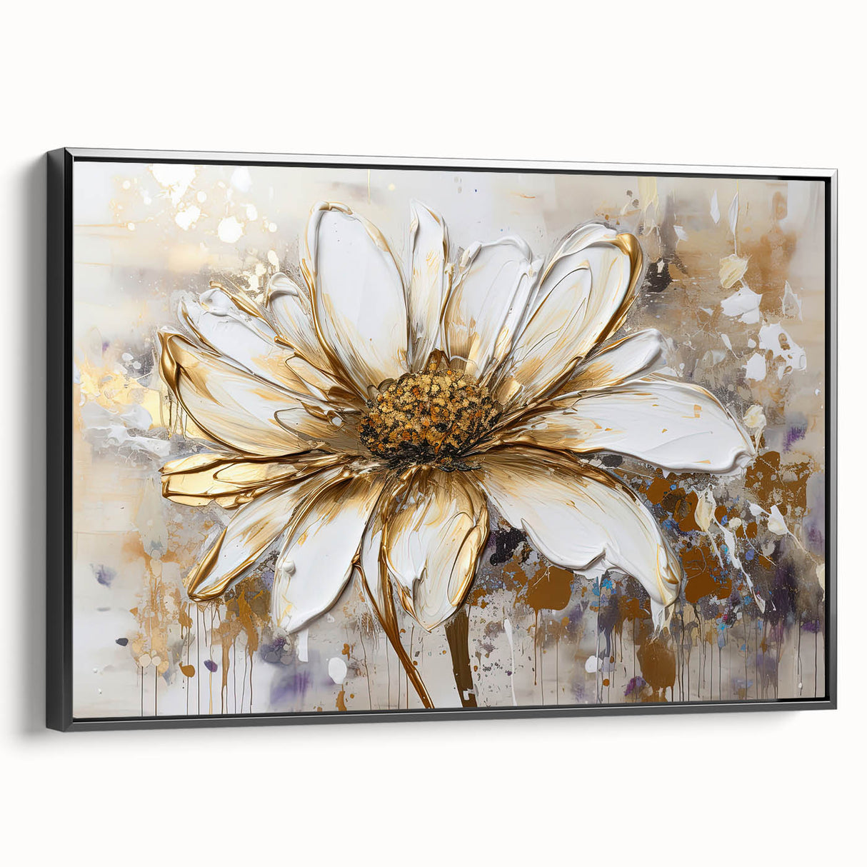 Framed abstract floral wall art with vibrant colors and intricate designs, showcased against a sleek black frame from a side view.