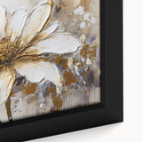 Close-up of a framed abstract floral wall art design showcasing vibrant colors and intricate brush strokes, perfect for modern decor.