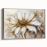 Framed abstract floral wall art design showcasing vibrant colors and elegant shapes, complemented by a sleek gold frame for stylish decor.
