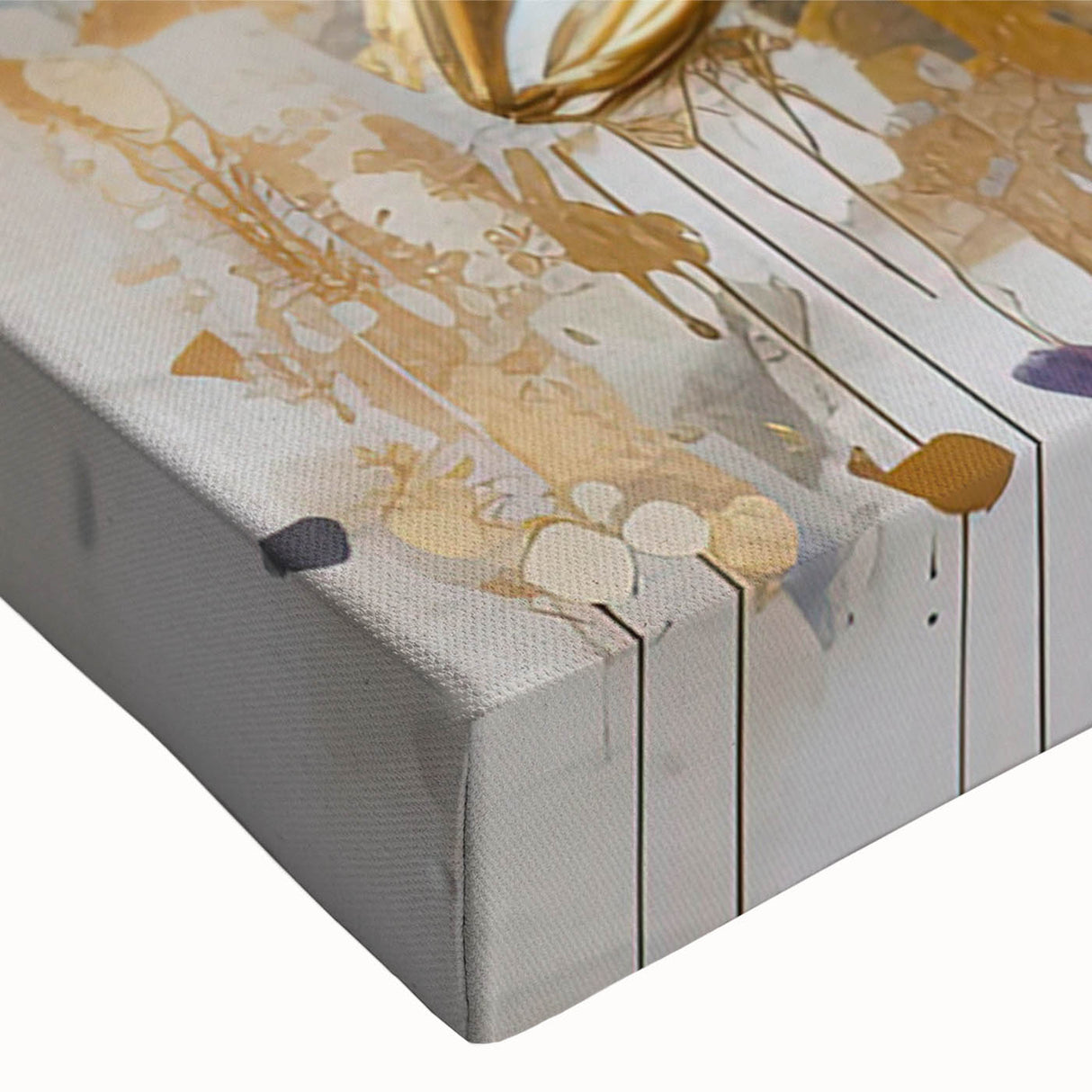 Close-up of a stretched canvas featuring an abstract floral design with vibrant colors and intricate brushstrokes, perfect for modern home decor.
