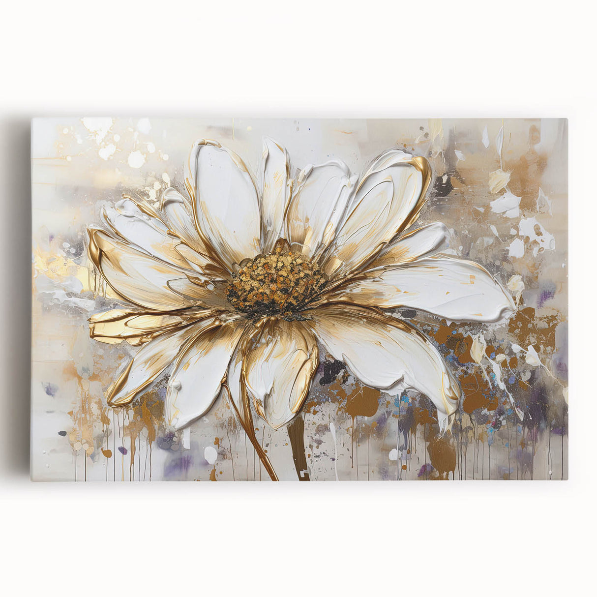 Vibrant abstract floral design wall art on stretched canvas, featuring bold colors and dynamic shapes, perfect for modern home decor.