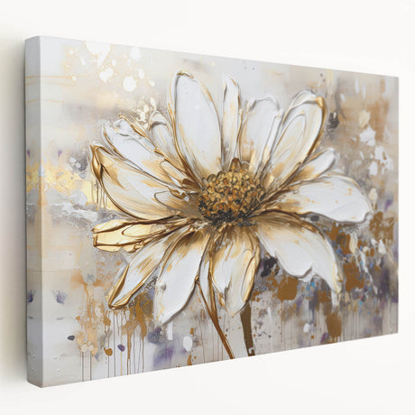 Abstract floral design wall art on stretched canvas, showcasing vibrant colors and textured brush strokes in a modern side view.