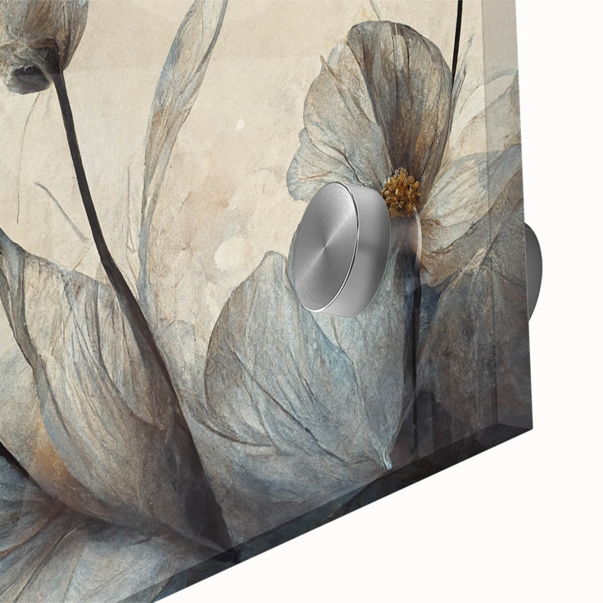 Vibrant abstract floral wall art design on acrylic glass, showcasing colorful blooms and intricate details, perfect for modern decor.