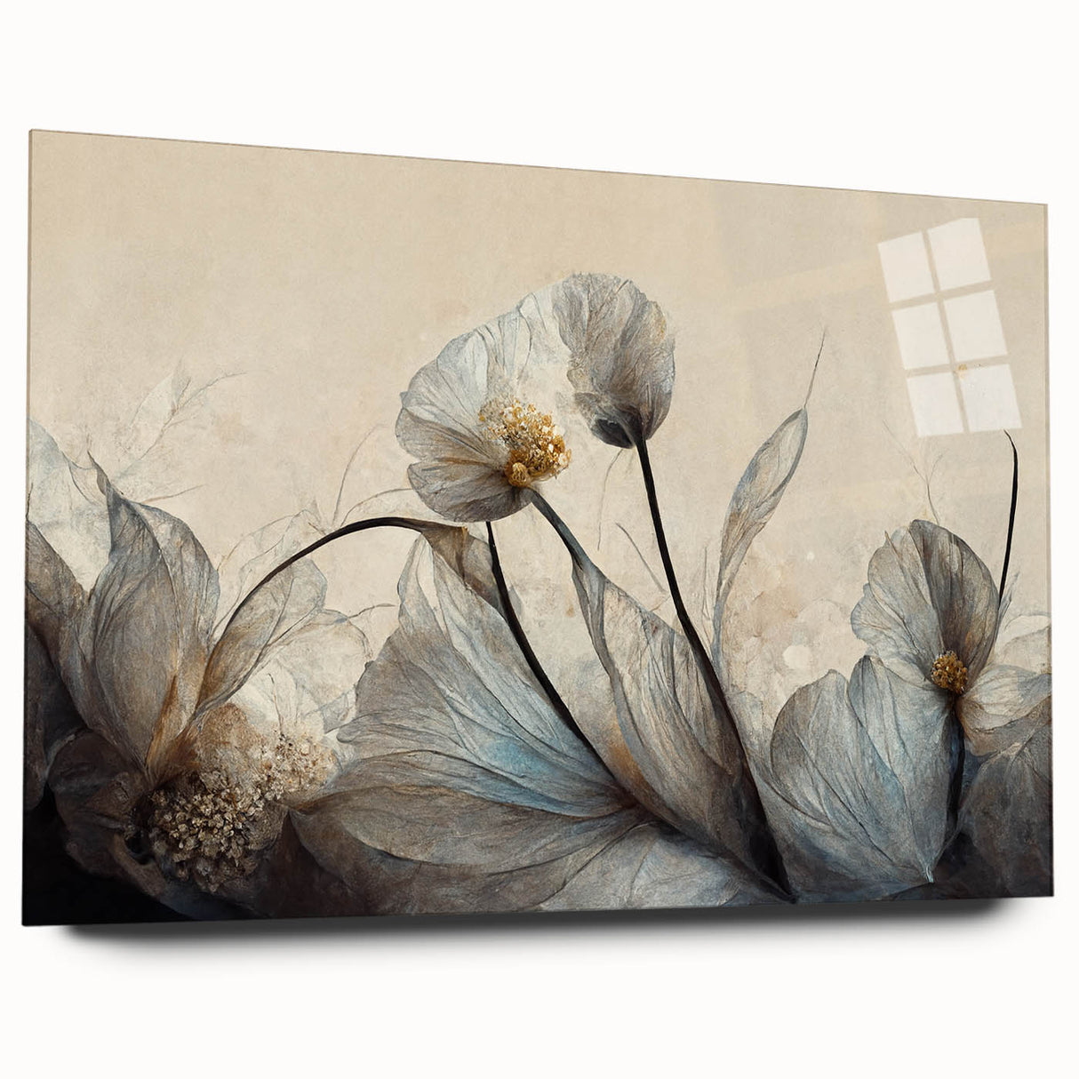 Abstract floral wall art design in acrylic glass, showcasing vibrant colors and intricate patterns, displayed from a side view without pins for a sleek presentation.