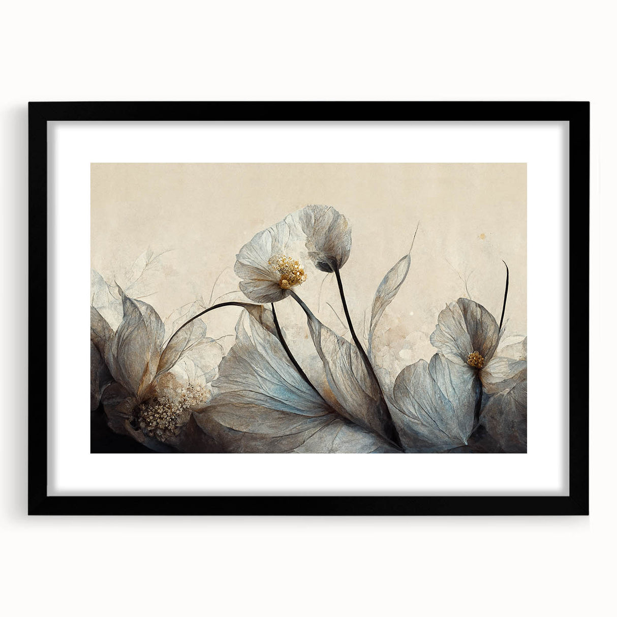 Framed abstract floral wall art design with a black frame, showcasing vibrant colors and intricate details, perfect for modern decor.