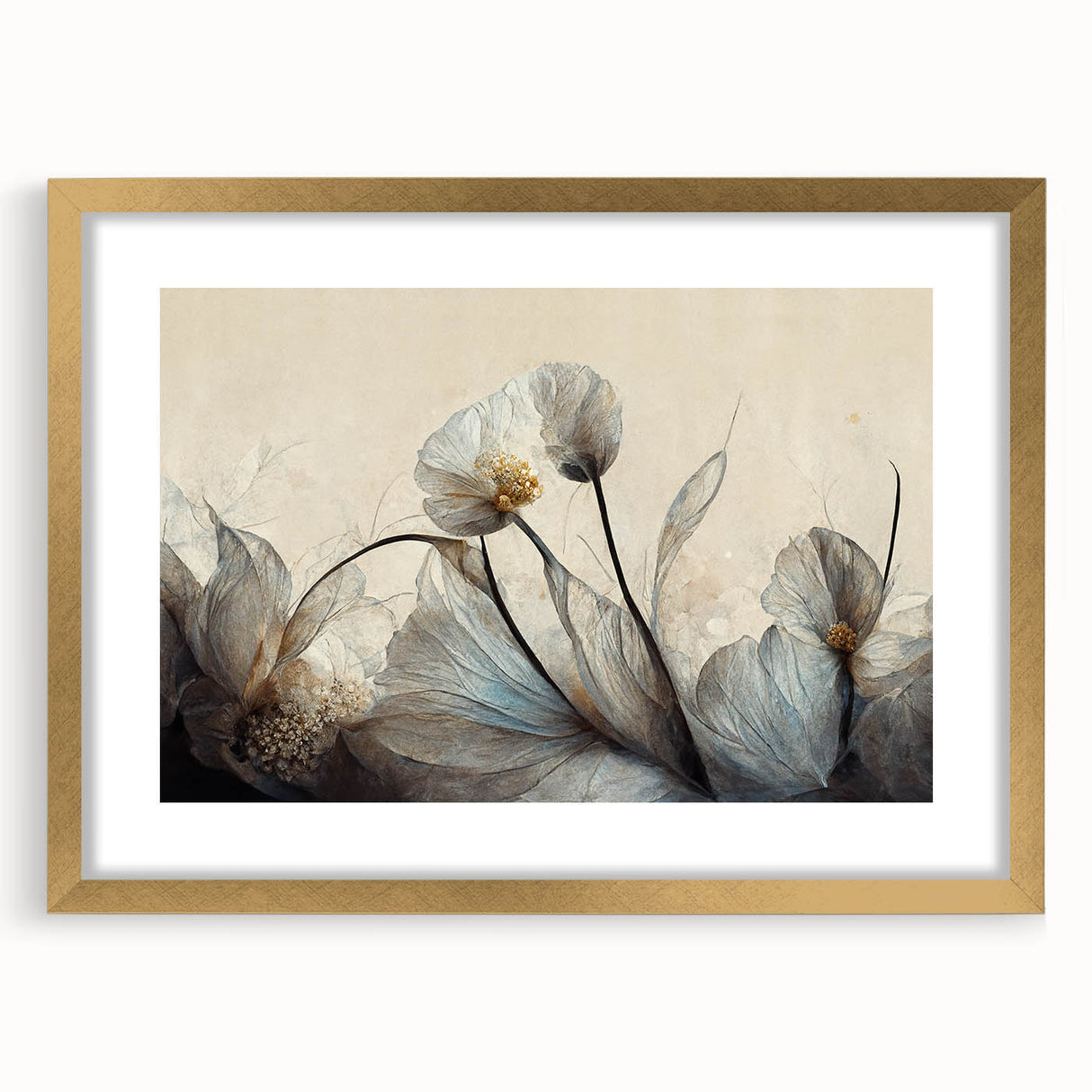 Framed abstract floral wall art featuring vibrant colors and gold accents, designed to enhance modern home decor.