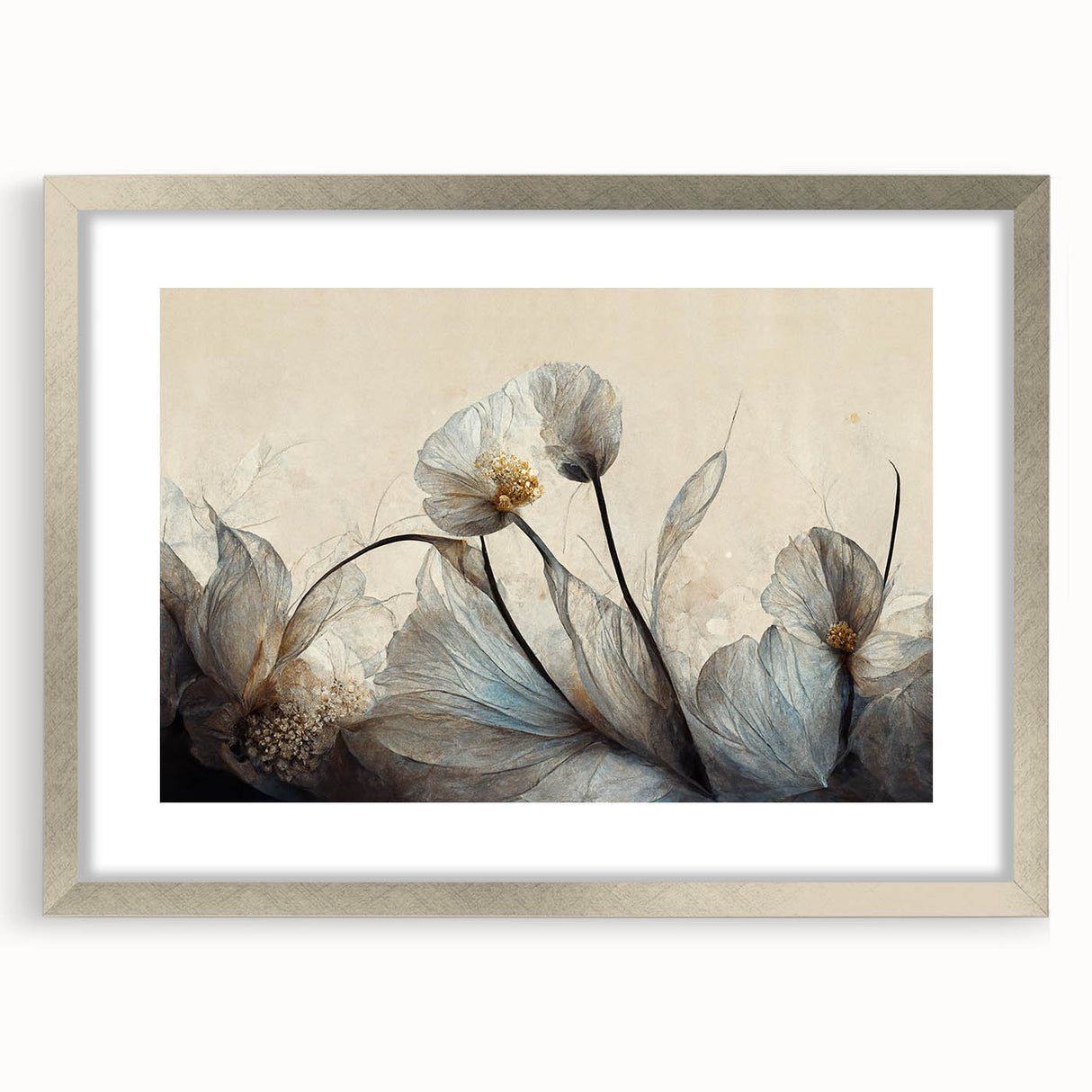 Framed abstract floral wall art design showcasing vibrant colors with a silver mat, perfect for enhancing modern home decor aesthetics.