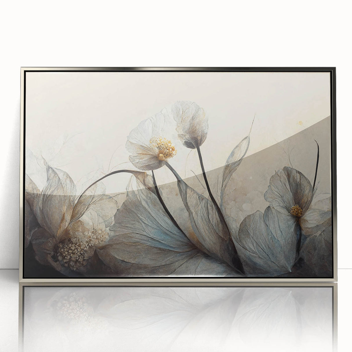 Framed abstract floral wall art design in silver acrylic, showcasing vibrant colors and intricate patterns, ideal for modern home decor.