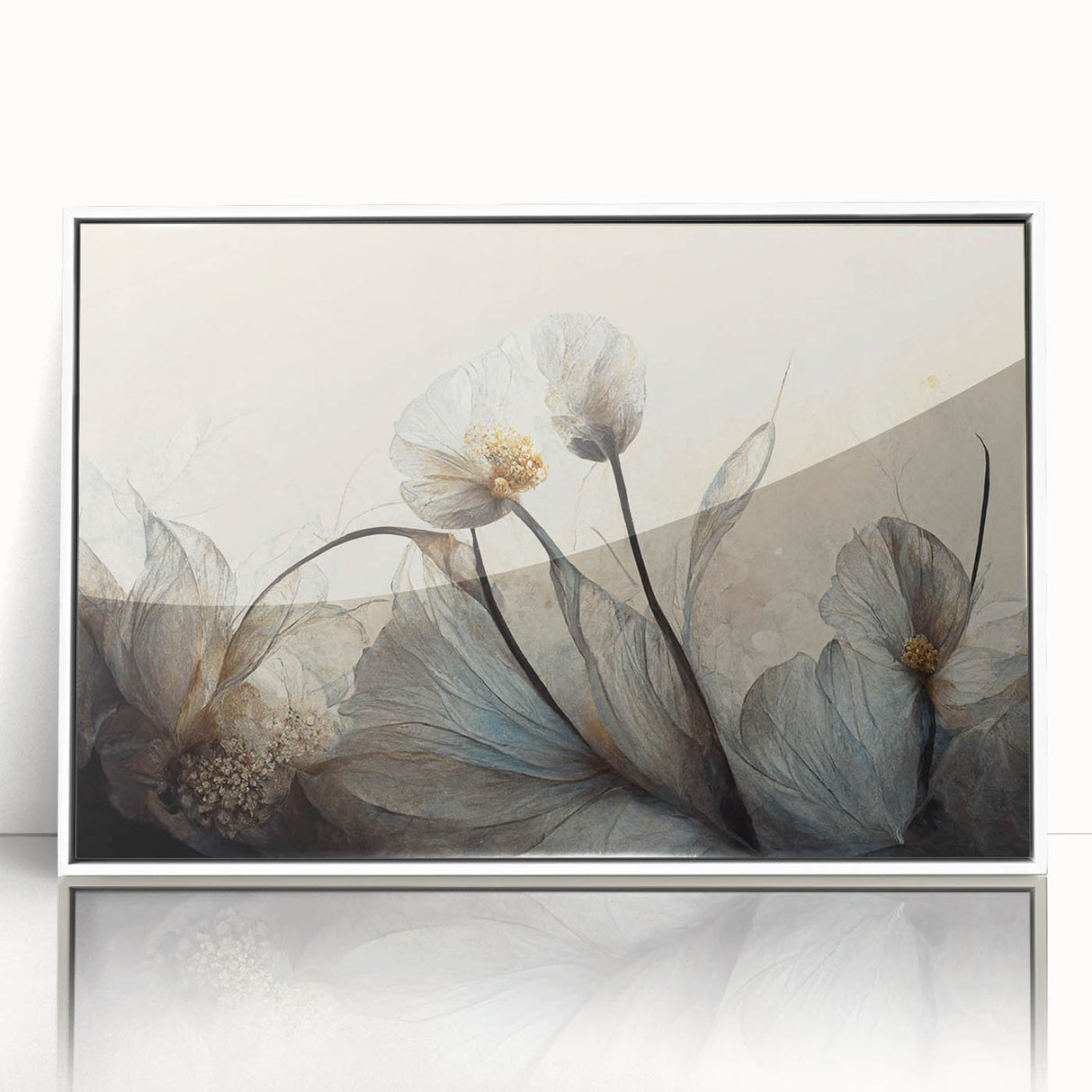 Framed abstract floral wall art design with vibrant colors and intricate details in a sleek white frame, perfect for modern home decor.