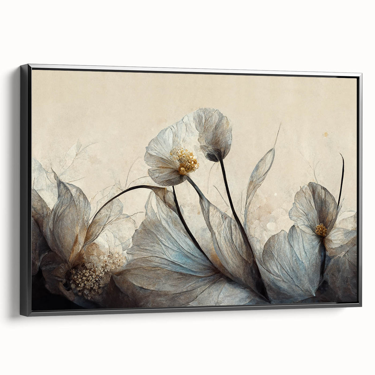 Framed abstract floral wall art in vibrant colors, showcasing intricate designs on a black background, ideal for modern home decor.