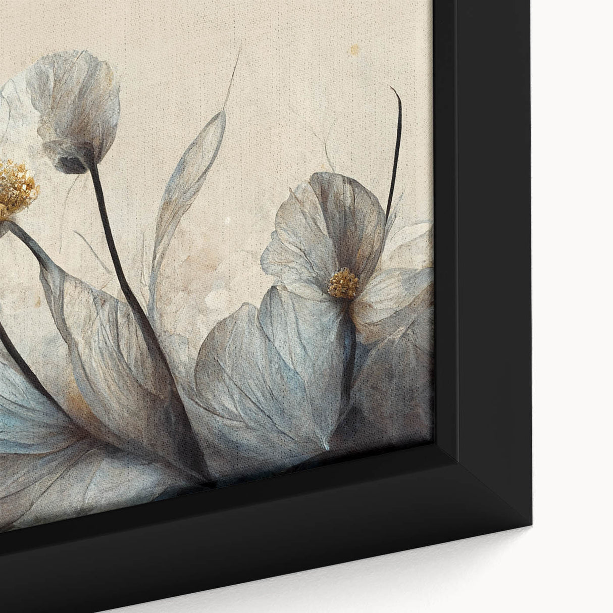 Close-up of a framed abstract floral wall art design, showcasing vibrant colors and intricate brushstrokes, perfect for modern decor.