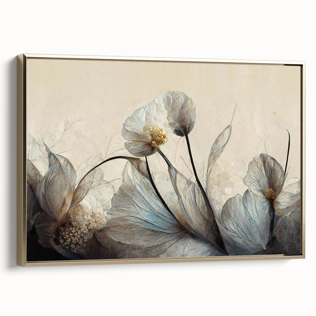 Framed canvas wall art showcasing an abstract floral design with gold accents, presenting a modern aesthetic ideal for home decor.