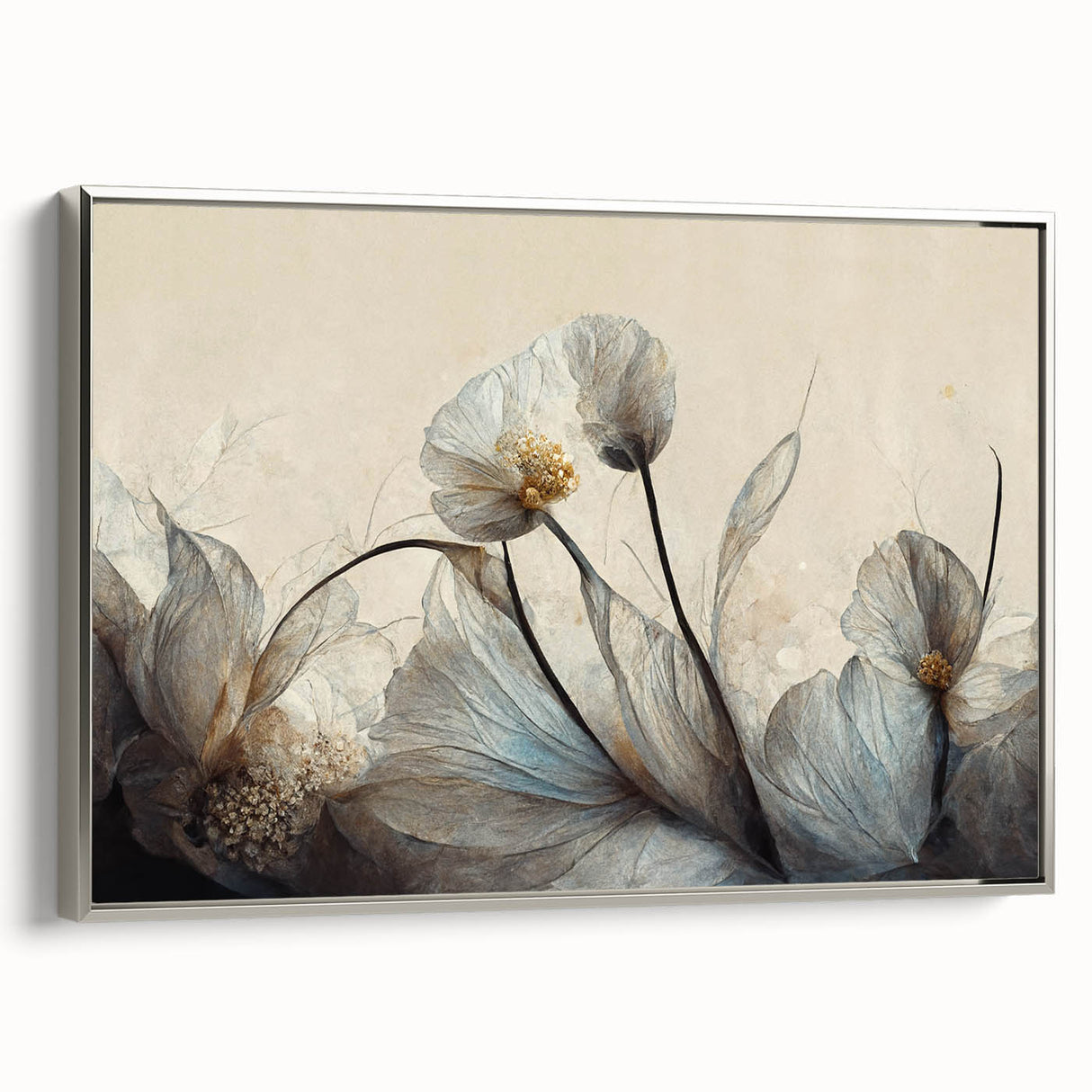 Framed wall art featuring an abstract floral design with vibrant colors, displayed in a sleek silver frame, showcasing elegant textures.