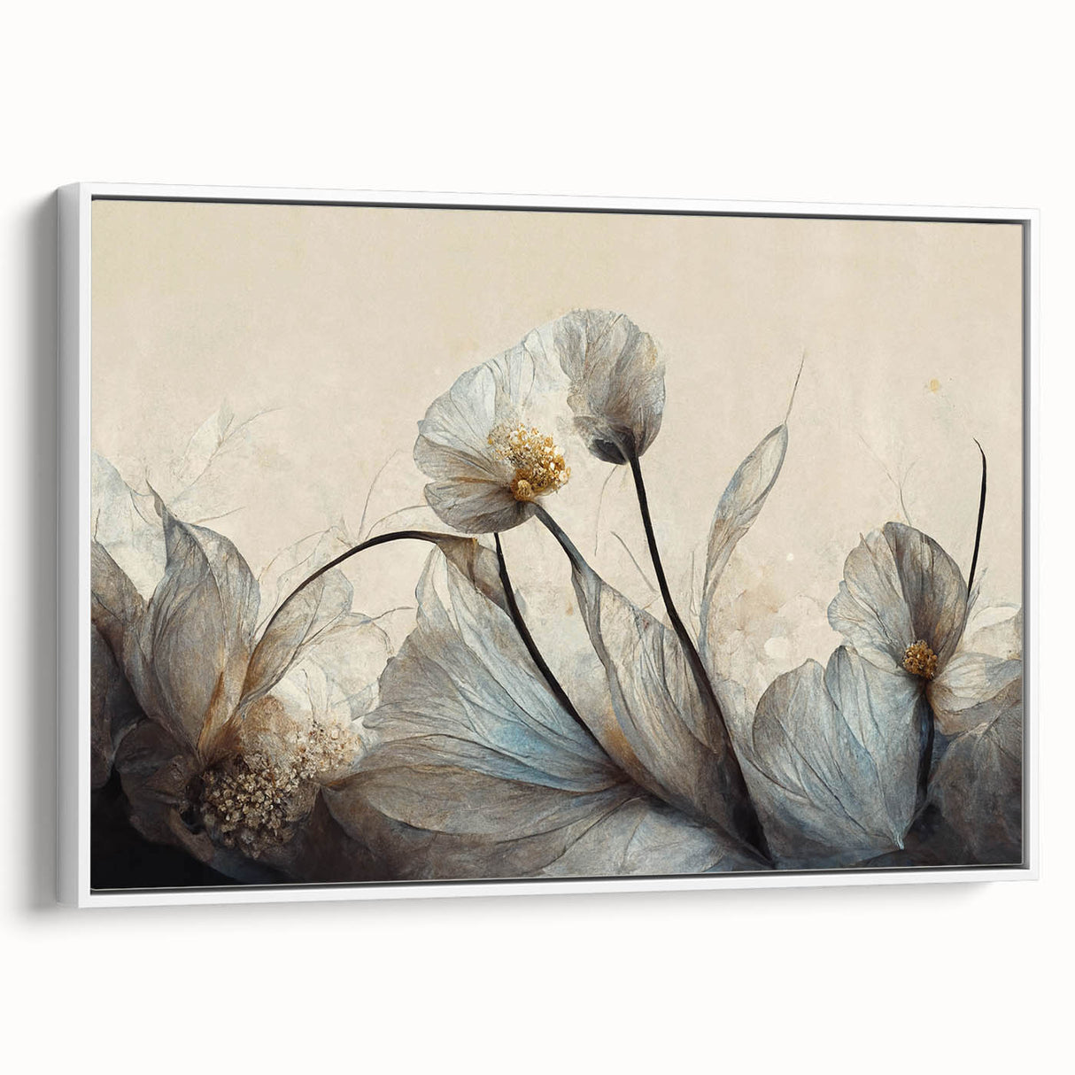 Framed abstract floral wall art in a modern white frame, showcasing vibrant colors and intricate designs, ideal for contemporary home decor.