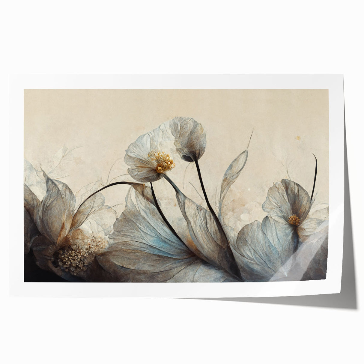 Vibrant abstract floral wall art print showcasing colorful blooming flowers in shades of pink, blue, and yellow, ideal for modern decor.