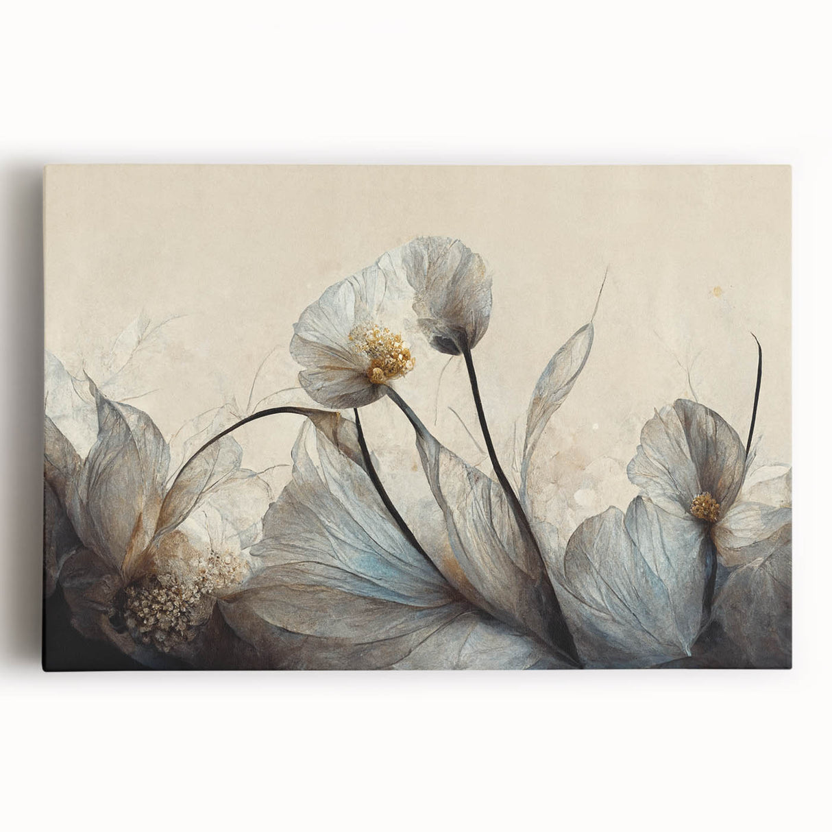 Abstract floral wall art design on stretched canvas, featuring vibrant colors and fluid shapes, ideal for modern home decor.