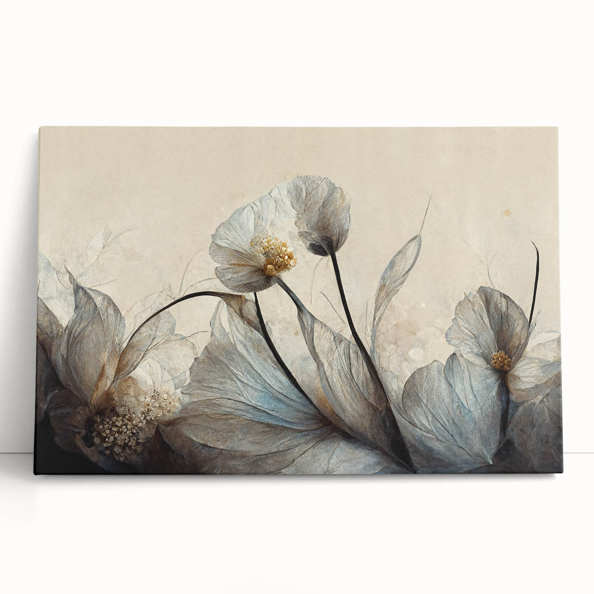 Vibrant abstract floral wall art design on stretched canvas, showcasing bold colors and intricate details, perfect for modern home decor.
