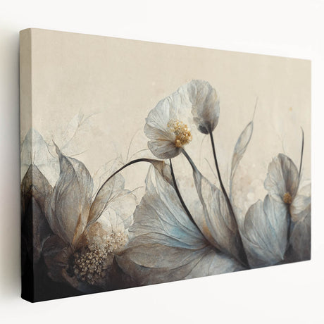 Vibrant abstract floral wall art on stretched canvas, showcasing bold colors and dynamic shapes, perfect for modern home decor.