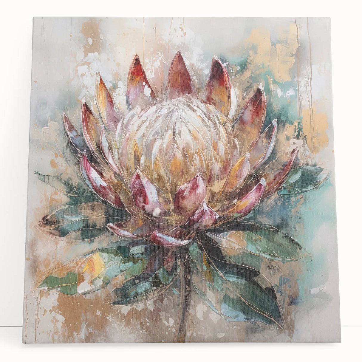 Colorful abstract floral wall art canvas print showcasing vibrant hues of pink, blue, and green, ideal for modern home decor.