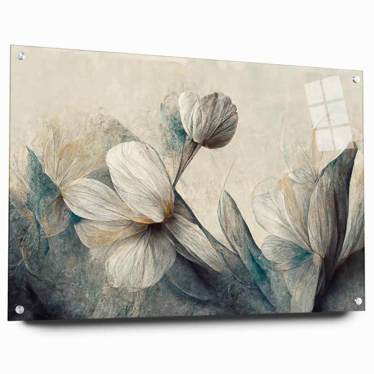 Side view of an abstract floral wall art piece displayed under acrylic glass, showcasing vibrant colors and pin mounting for a modern touch.
