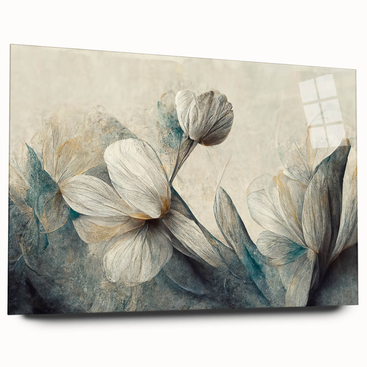 Abstract floral wall art design displayed in acrylic glass, showcasing vibrant colors and a modern aesthetic, ideal for home decor.