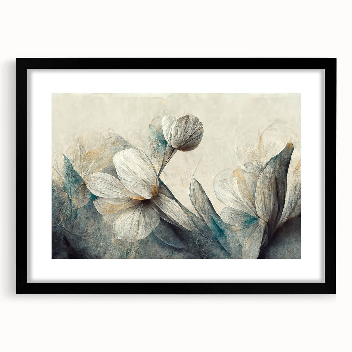 Framed abstract floral wall art design showcasing vibrant colors and intricate patterns, presented in a sleek black frame with a mat.