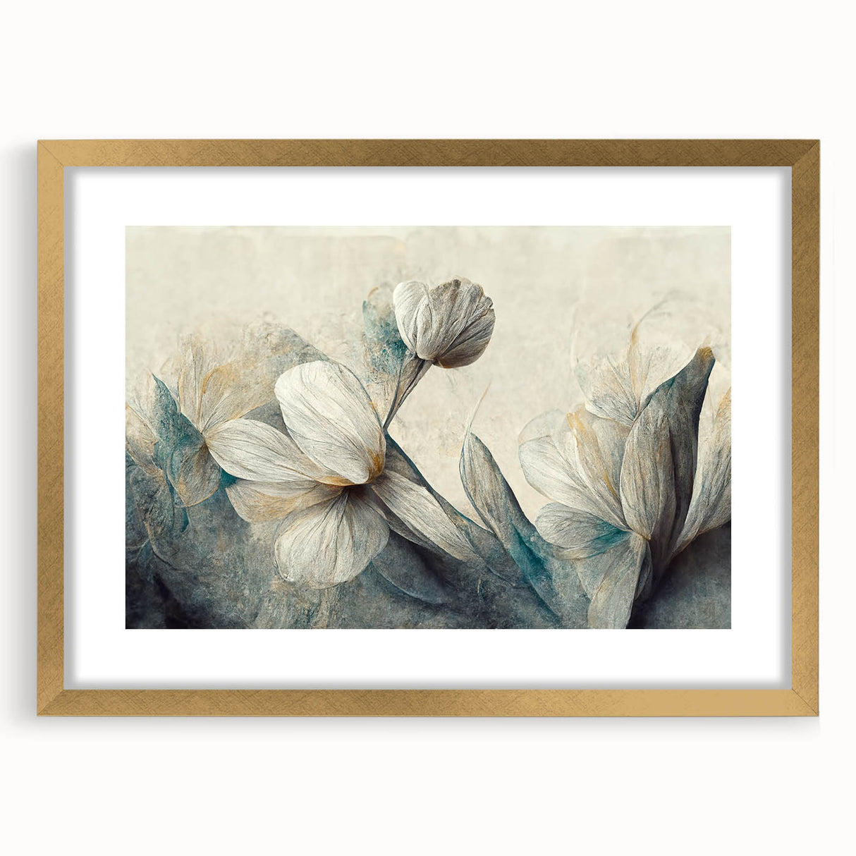 Framed abstract floral wall art in gold mat, showcasing vibrant colors and intricate designs, perfect for modern home decor.