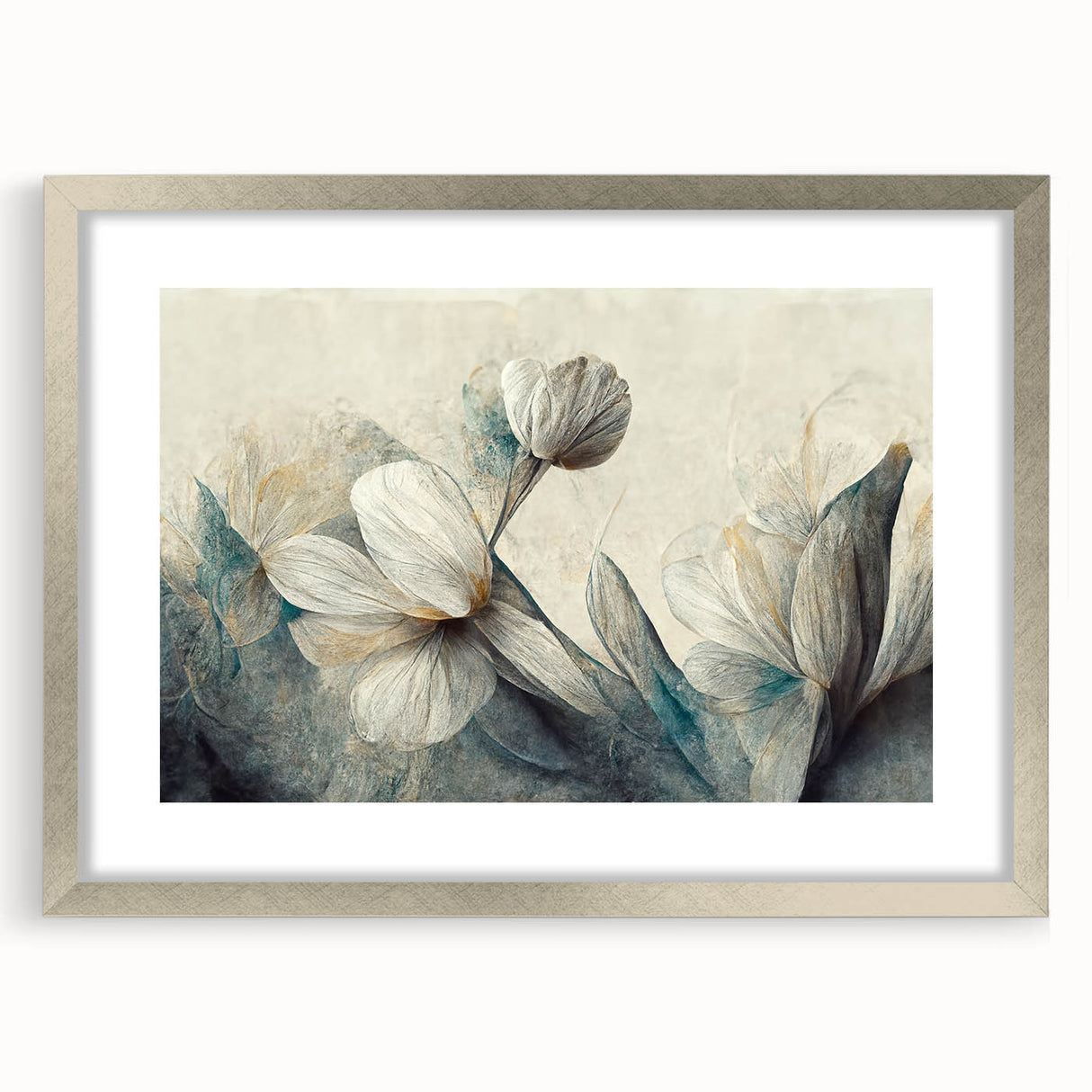 Framed abstract floral wall art collection in a sleek silver mat, showcasing vibrant colors and intricate designs, ideal for modern decor.