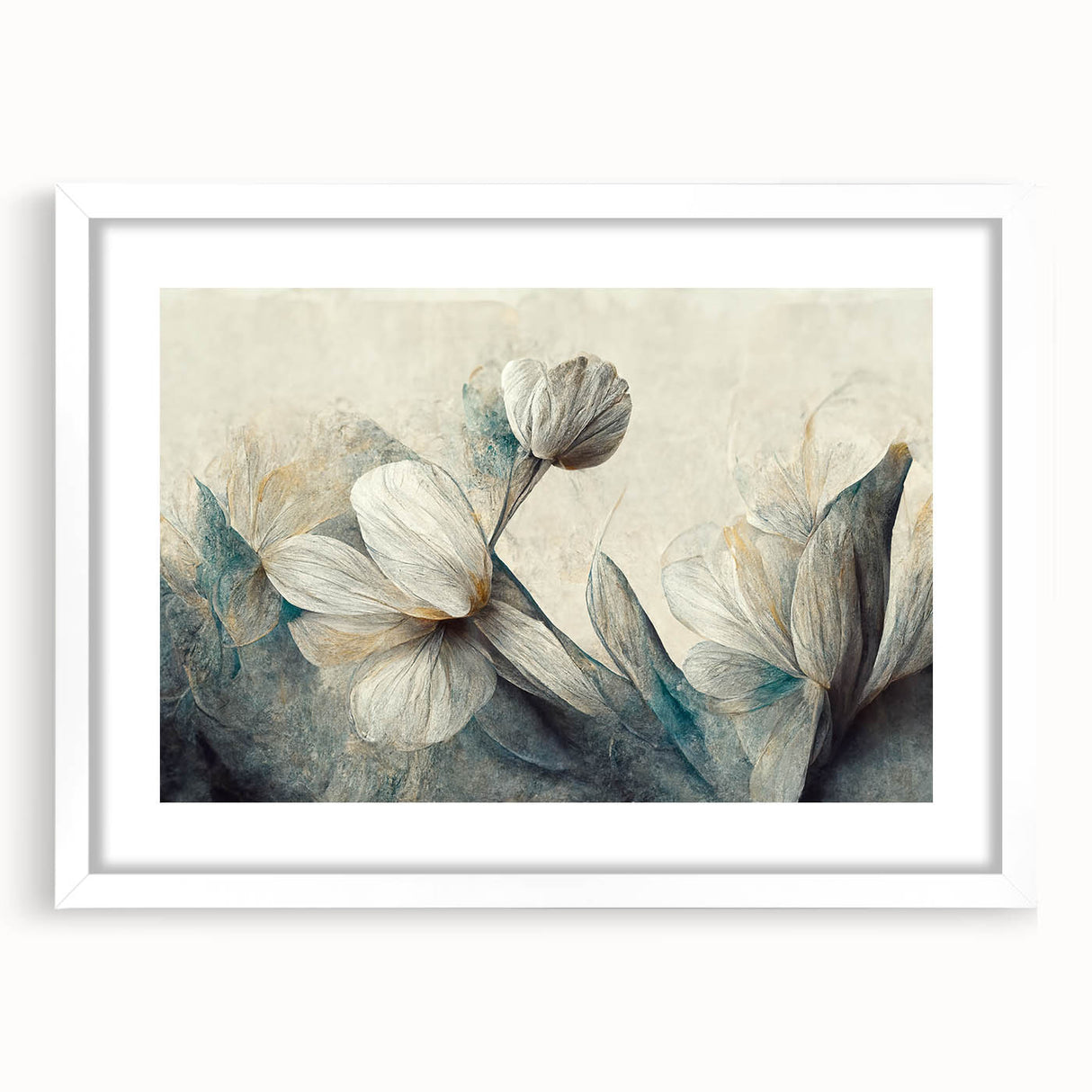 Framed abstract floral wall art design showcasing vibrant colors and intricate patterns, set in a sleek white frame with mat for a modern touch.