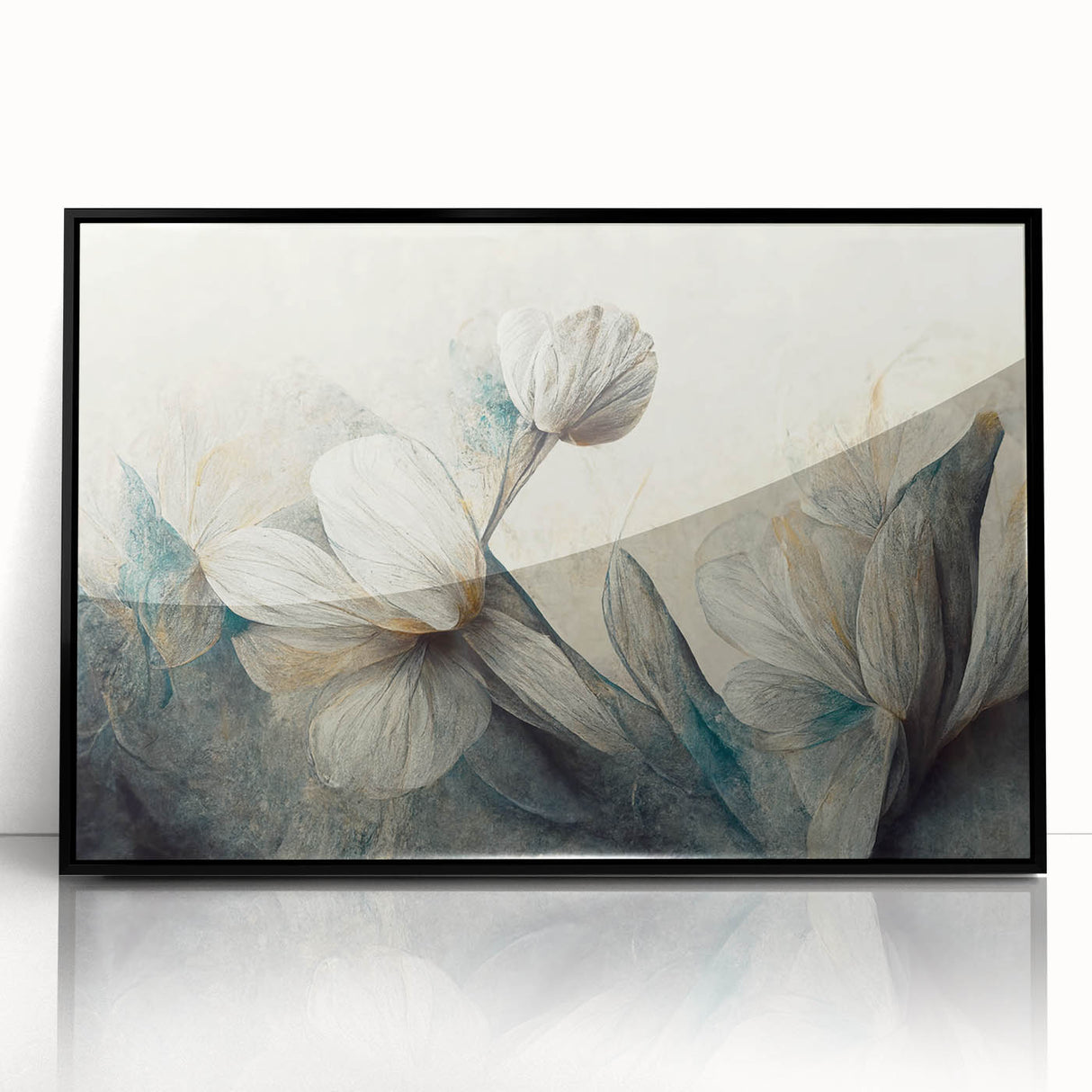 Framed abstract floral wall art design in a sleek black frame, showcasing vibrant colors and intricate patterns, perfect for modern decor.
