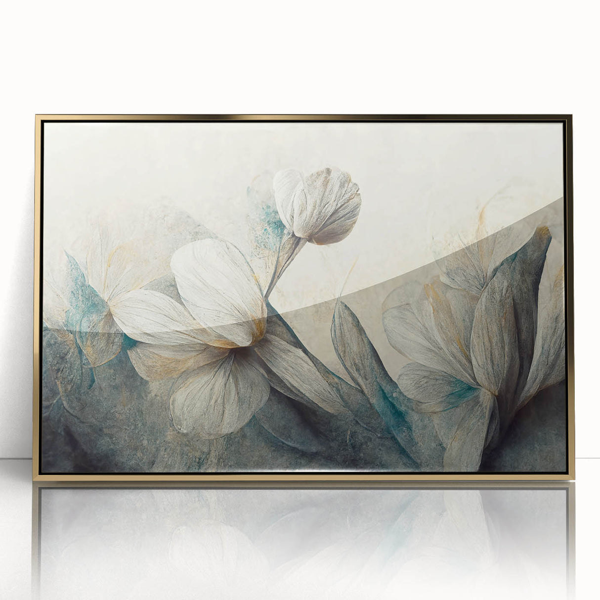 Framed abstract floral wall art featuring vibrant colors and gold accents, ideal for modern home decor, showcased in a sleek frame.
