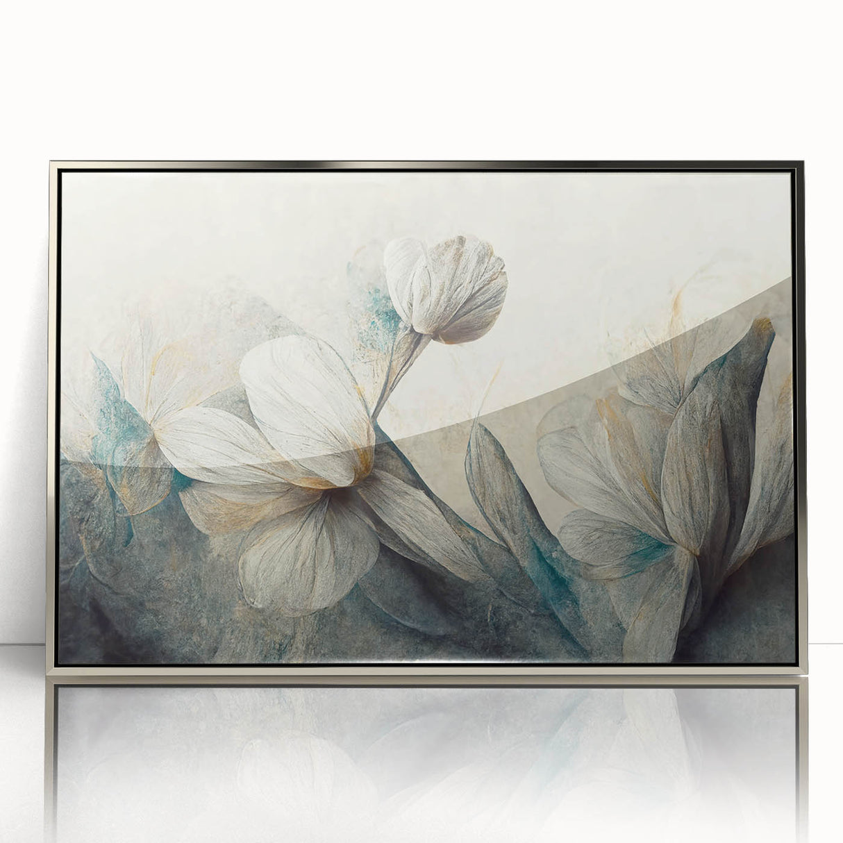 Framed abstract floral wall art design showcasing vibrant colors in a modern silver frame, perfect for enhancing contemporary decor.