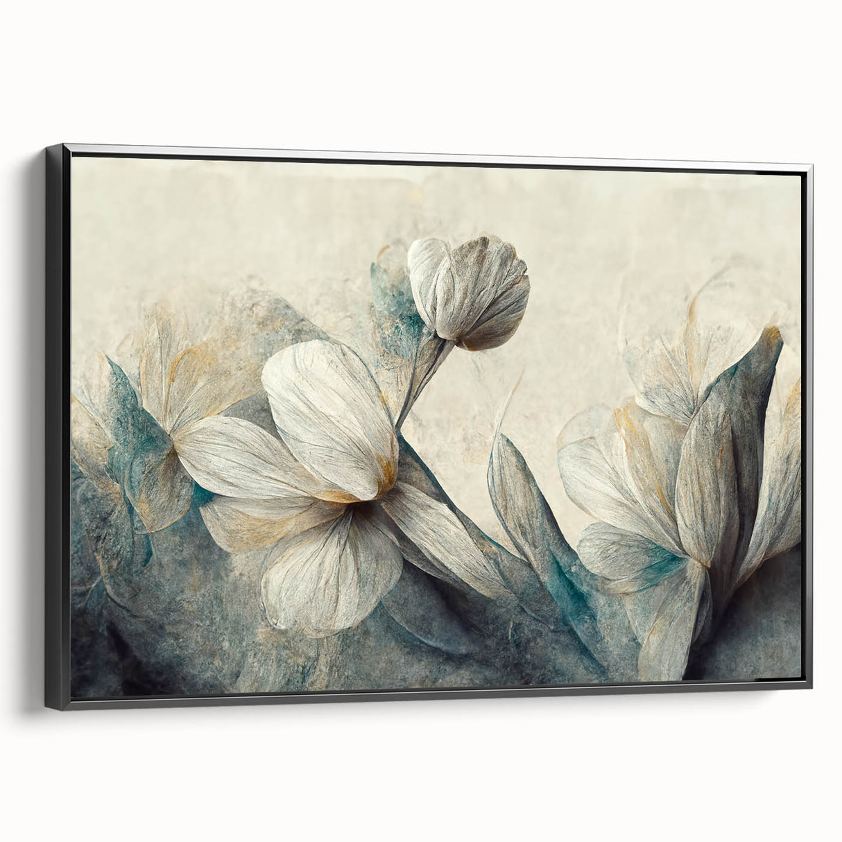 Framed abstract floral wall art design showcasing vibrant colors and intricate patterns, viewed from the side against a neutral backdrop.