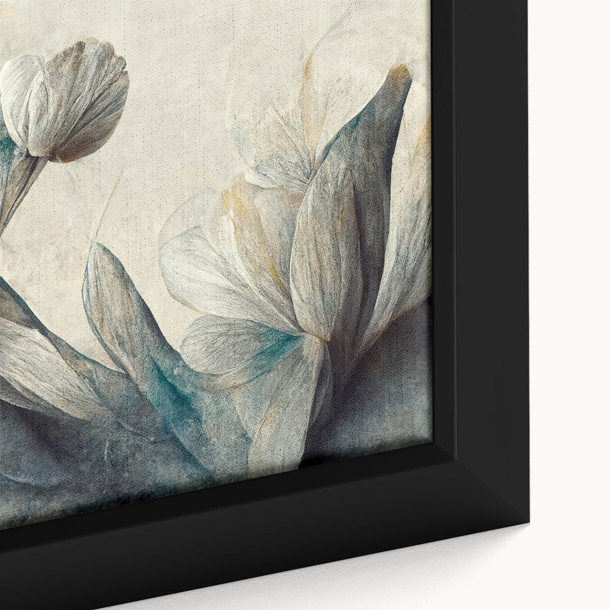 Close-up of a framed abstract floral wall art piece showcasing vibrant colors and intricate details on canvas, perfect for modern decor.