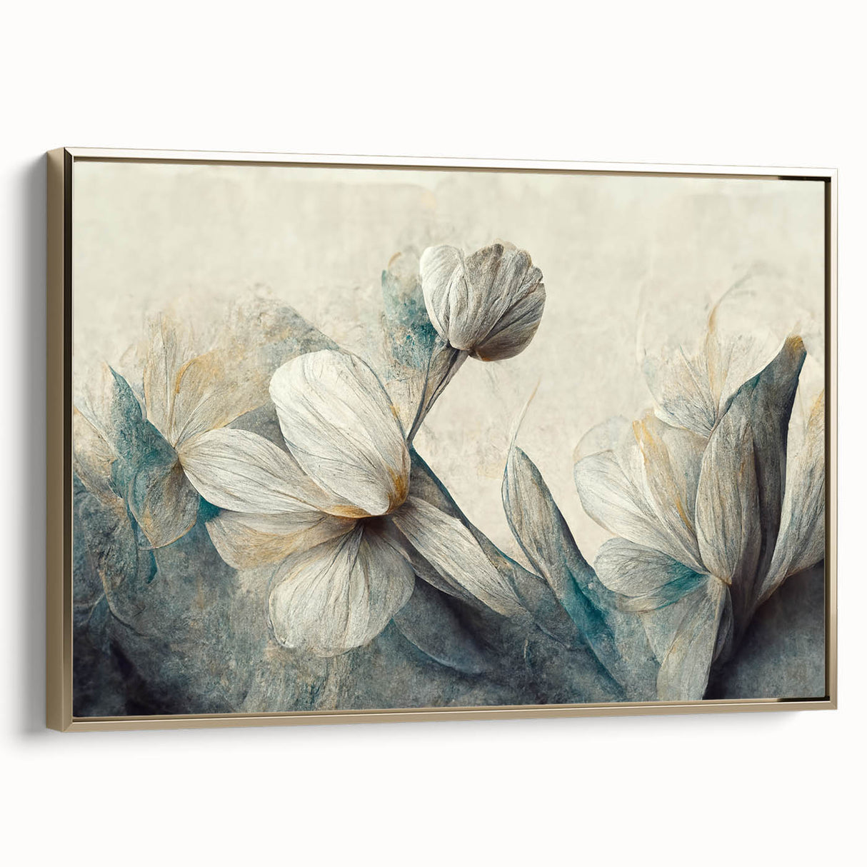 Framed abstract floral wall art featuring vibrant colors and a gold frame, showcasing a modern design perfect for contemporary decor.