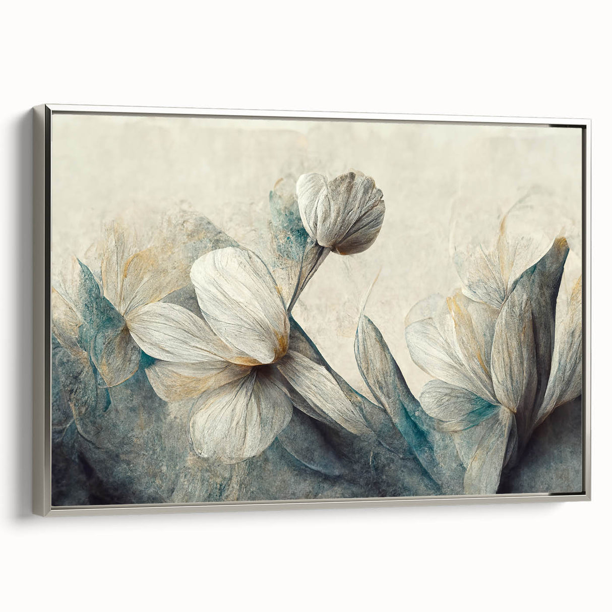 Framed wall art showcasing an abstract floral design in vibrant colors with a silver frame, perfect for modern home decor.