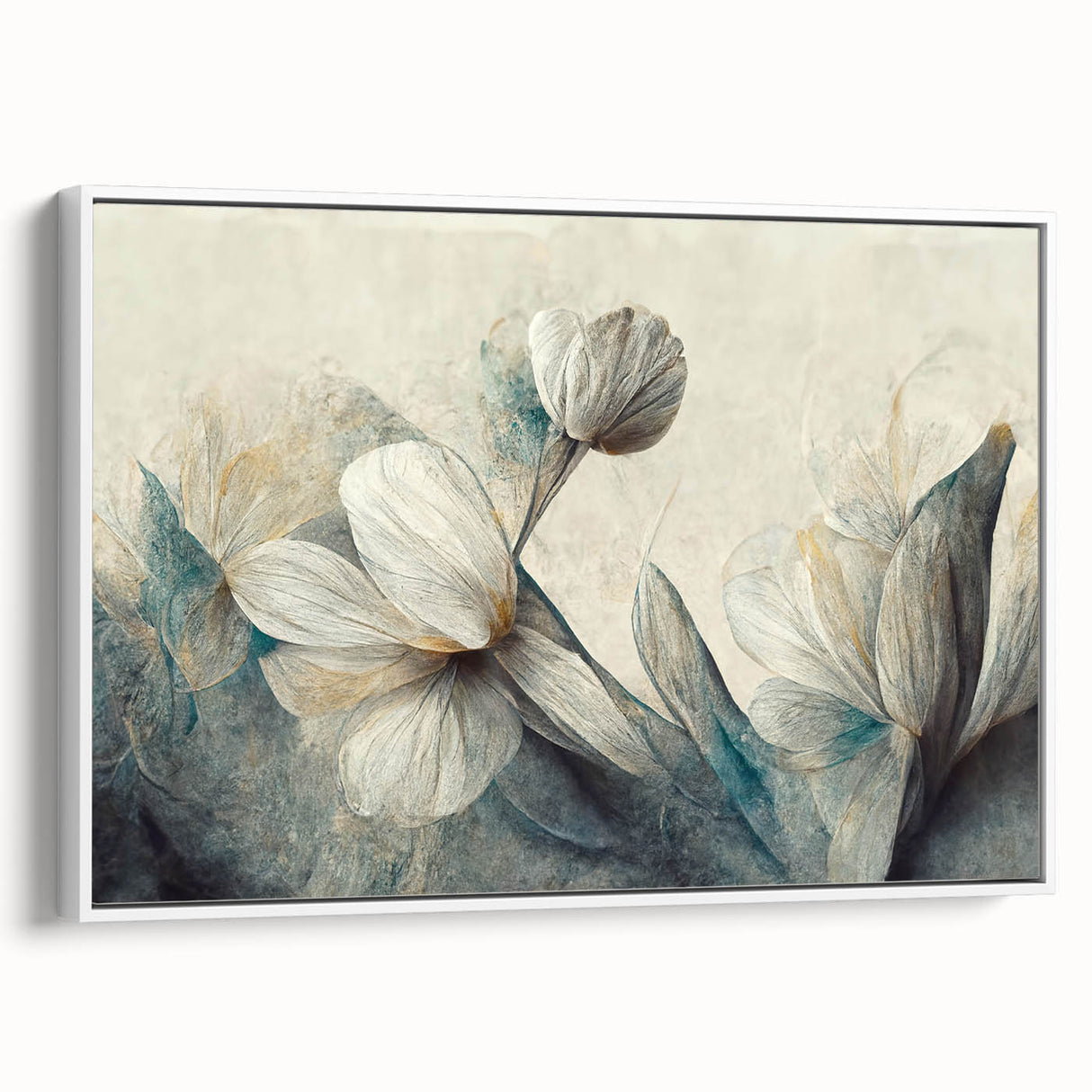 Framed abstract floral wall art in a white frame, showcasing vibrant colors and intricate designs, perfect for modern home decor.
