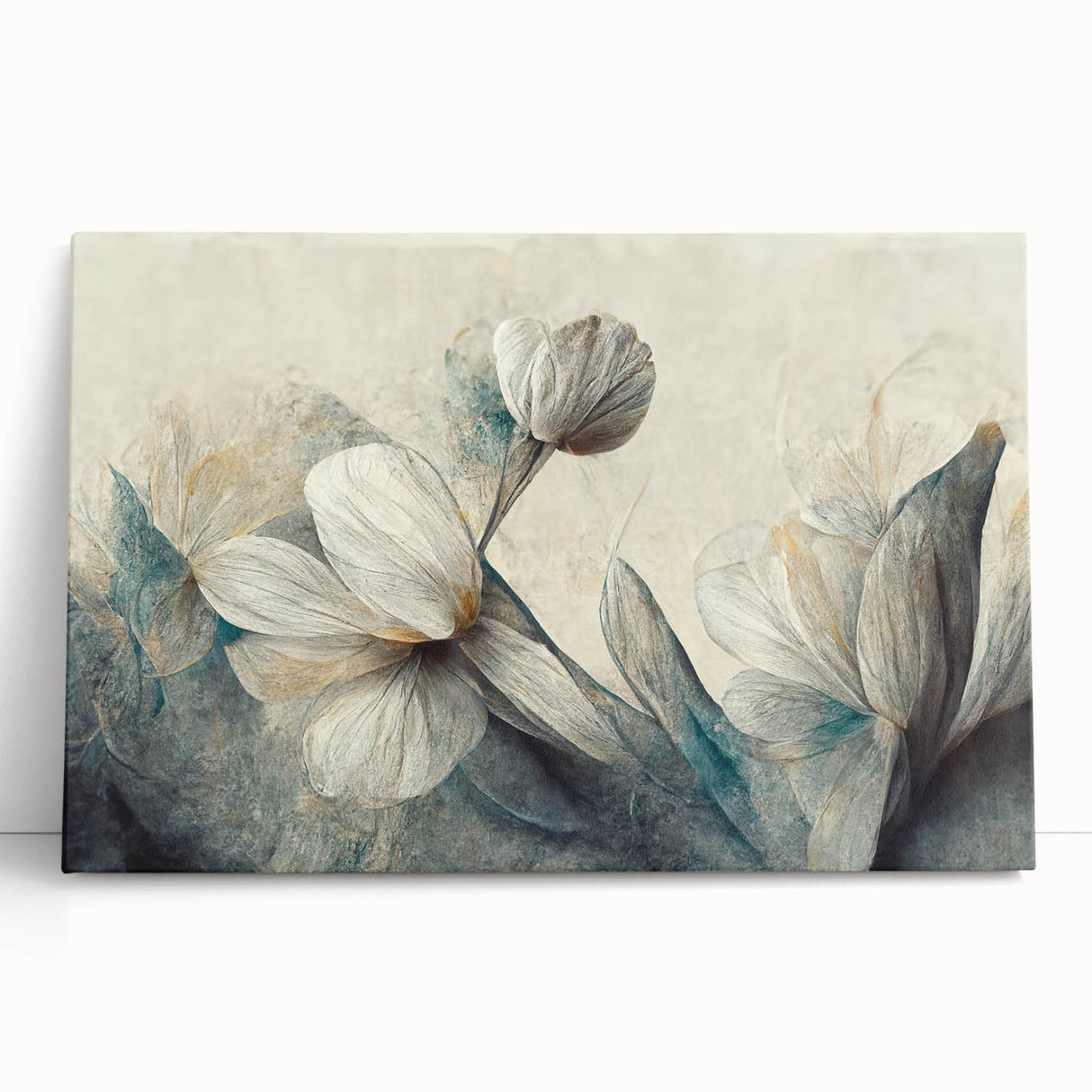 Vibrant abstract floral wall art on stretched canvas, showcasing rich colors and fluid shapes, perfect for modern home décor enhancement.