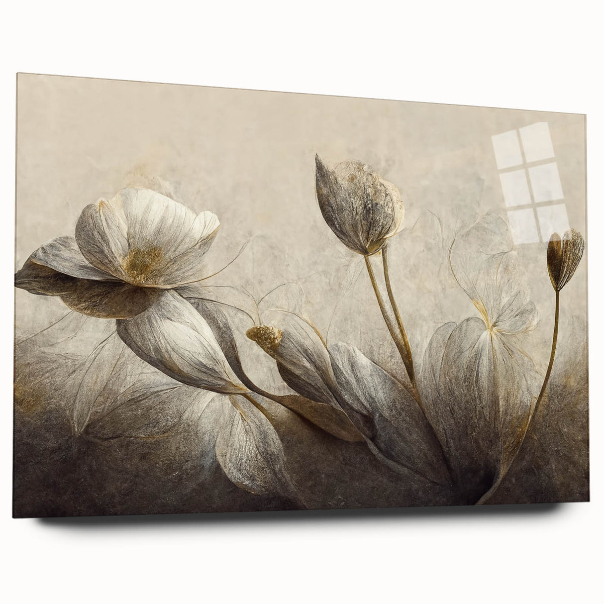 Abstract floral wall art collection displayed in acrylic glass, showcasing vibrant colors and intricate designs, ideal for modern decor.