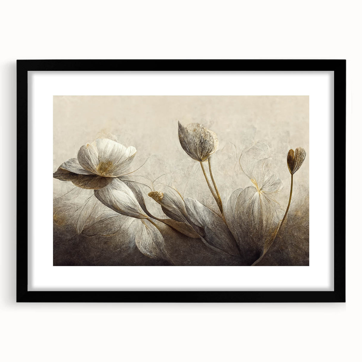 Framed abstract floral wall art design in a sleek black frame, showcasing vibrant colors and intricate details, perfect for modern decor.