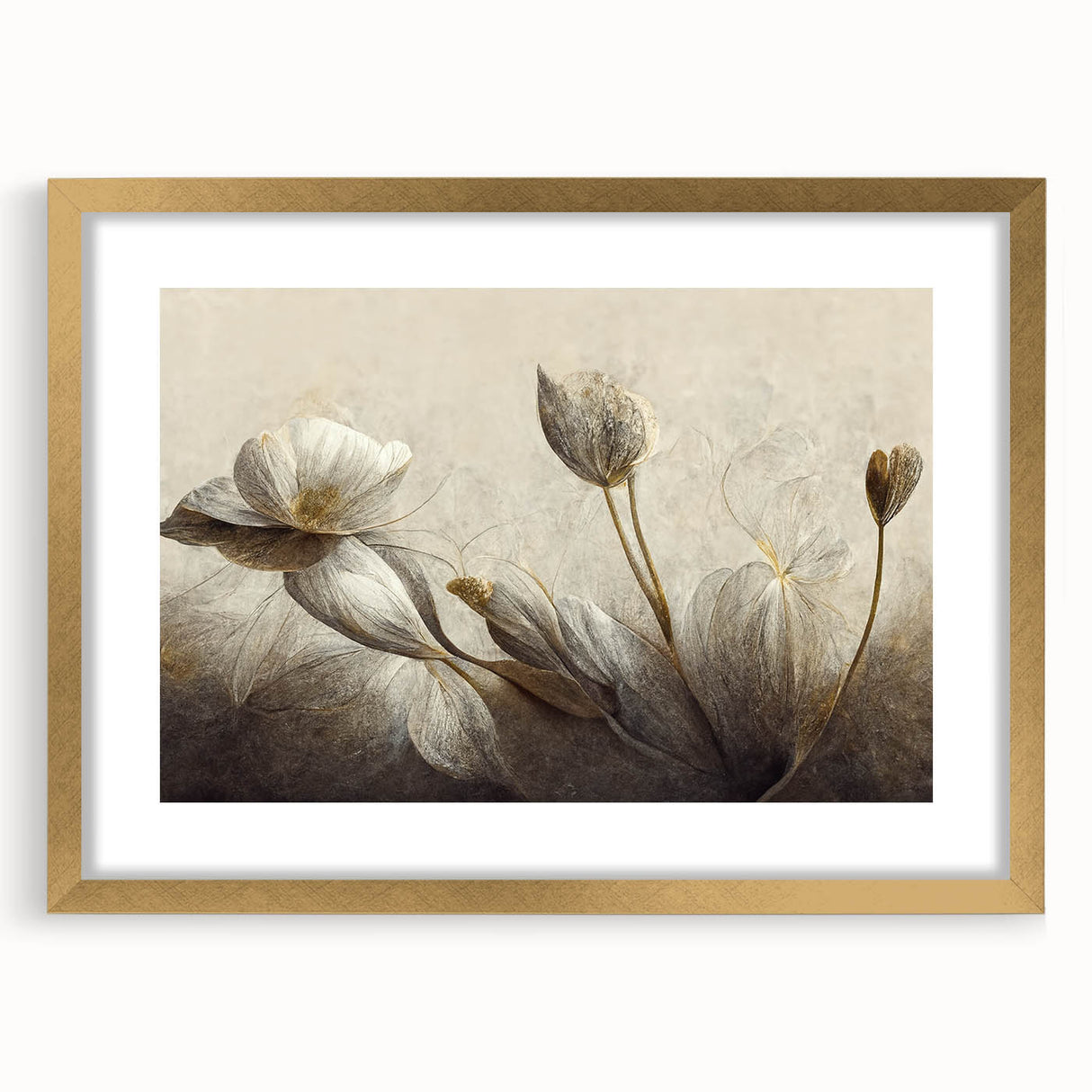 Framed abstract floral wall art collection with a gold mat, showcasing vibrant colors and modern design, perfect for contemporary decor.