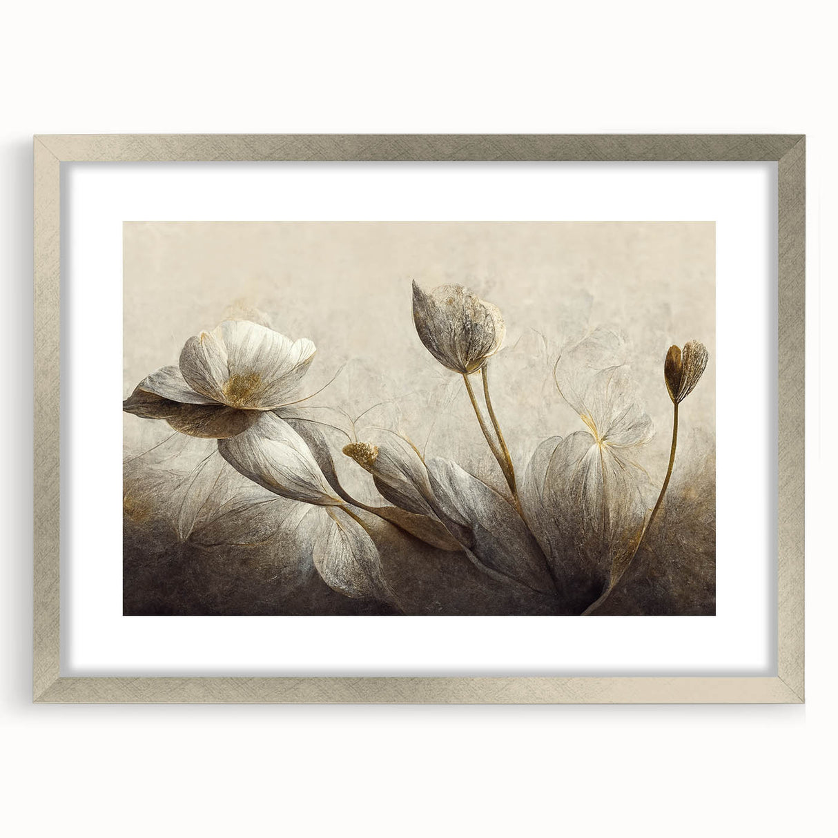Framed abstract floral wall art design in a silver frame with a mat, showcasing vibrant colors and intricate details, ideal for modern decor.