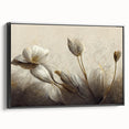 Framed wall art featuring an abstract floral design, showcasing vibrant colors and textures in a black frame, viewed from the side.