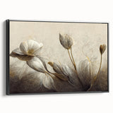 Framed wall art featuring an abstract floral design, showcasing vibrant colors and textures in a black frame, viewed from the side.