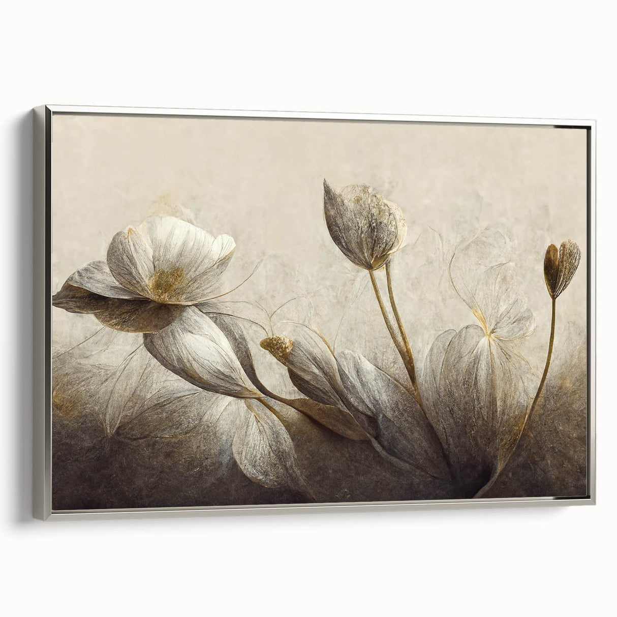 Framed abstract floral wall art collection showcasing vibrant colors and intricate designs, presented in a sleek silver frame for modern decor.