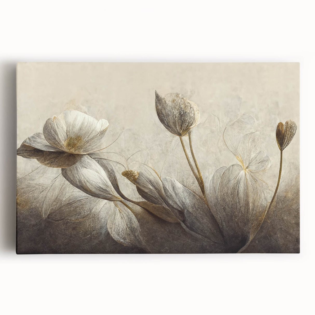 Vibrant abstract floral wall art design on stretched canvas, showcasing colorful blooms and intricate details, perfect for home decor.