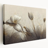 Abstract floral wall art design on stretched canvas, showcasing vibrant colors and intricate patterns in a side view, perfect for modern decor.
