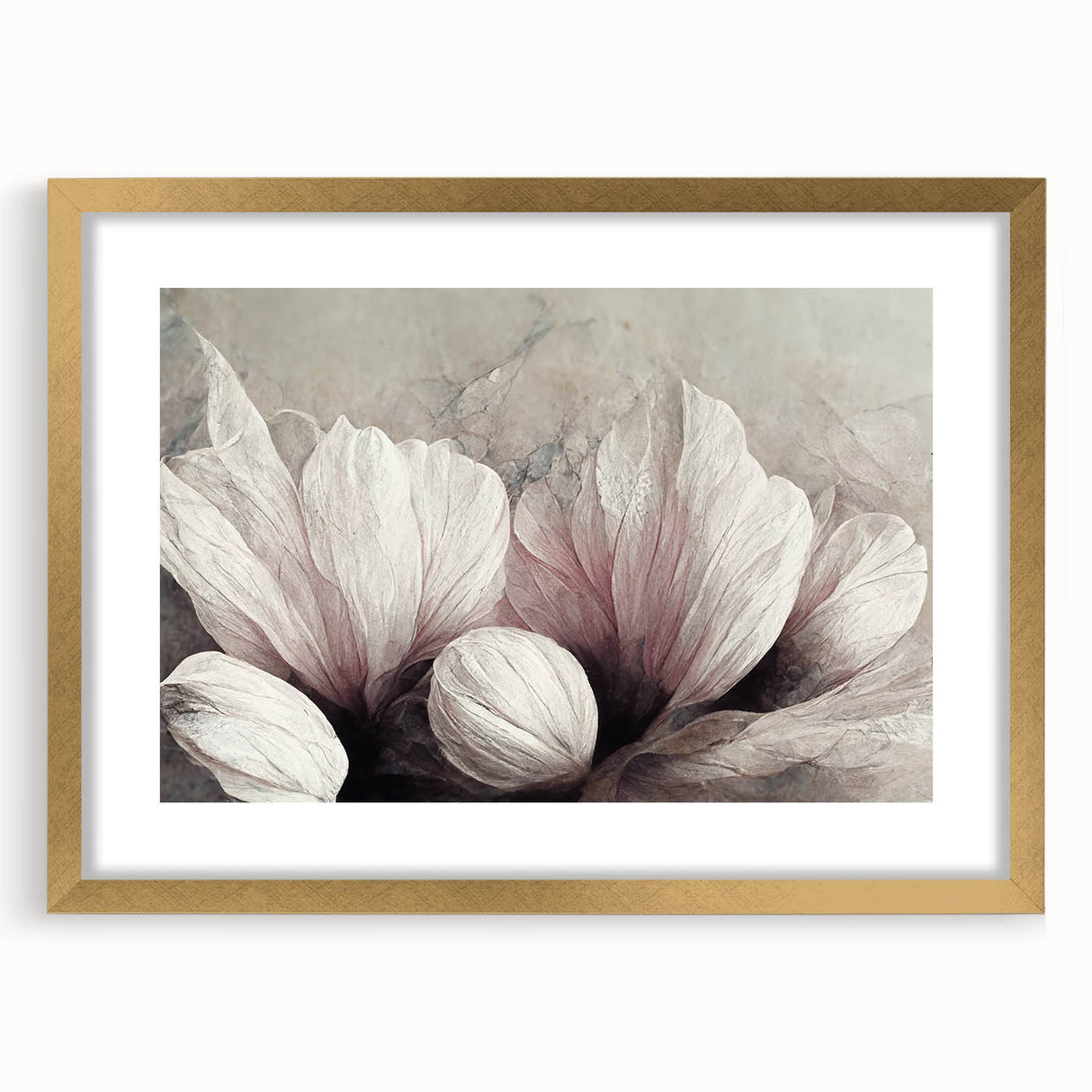 Framed wall art featuring an abstract floral design in vibrant colors, elegantly presented with a gold mat and frame, enhancing modern decor.